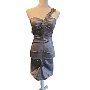 Xscape mini Dress Grey Metallic Plunge Shimmer Ruched Beaded Bodycon Sz 4 petite